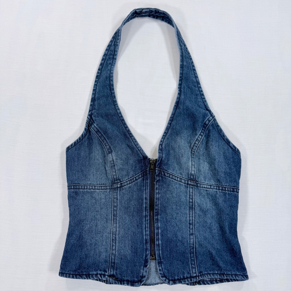 Pacsun Your Fav Denim halter top zip up crop vest Vintage wash Grunge Baddie XS